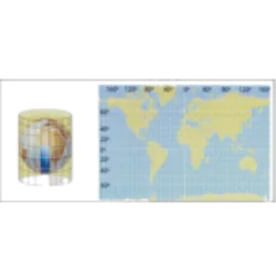 Projeção Cilíndrica de Mercator: Em 1569, Mercator publicou um mapa-mundi em que utilizou pela primeira vez este tipo de projeção.
Coloca-se a folha de papel à volta do globo. A superfície abrangida é projetada na folha que é desenrolada. As regiões polares surgem desproporcionalmente grandes. Esta projeção é a mais utilizada actualmente e é conhecida ccomo UTM (Universal Transversal de Mercator).
Vantagens: Representa correctamente as formas e os contornos da superfície terrestre;
Desvantagens: Modifica as áreas.